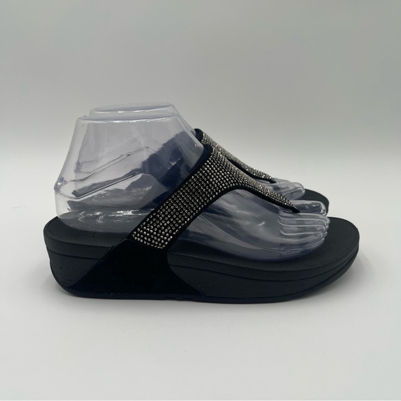 FitFlop Women’s Sz 7 Lulu Shimmer Black Rhinestone Sandals Comfortcore Glam Chic - Picture 5 of 13
